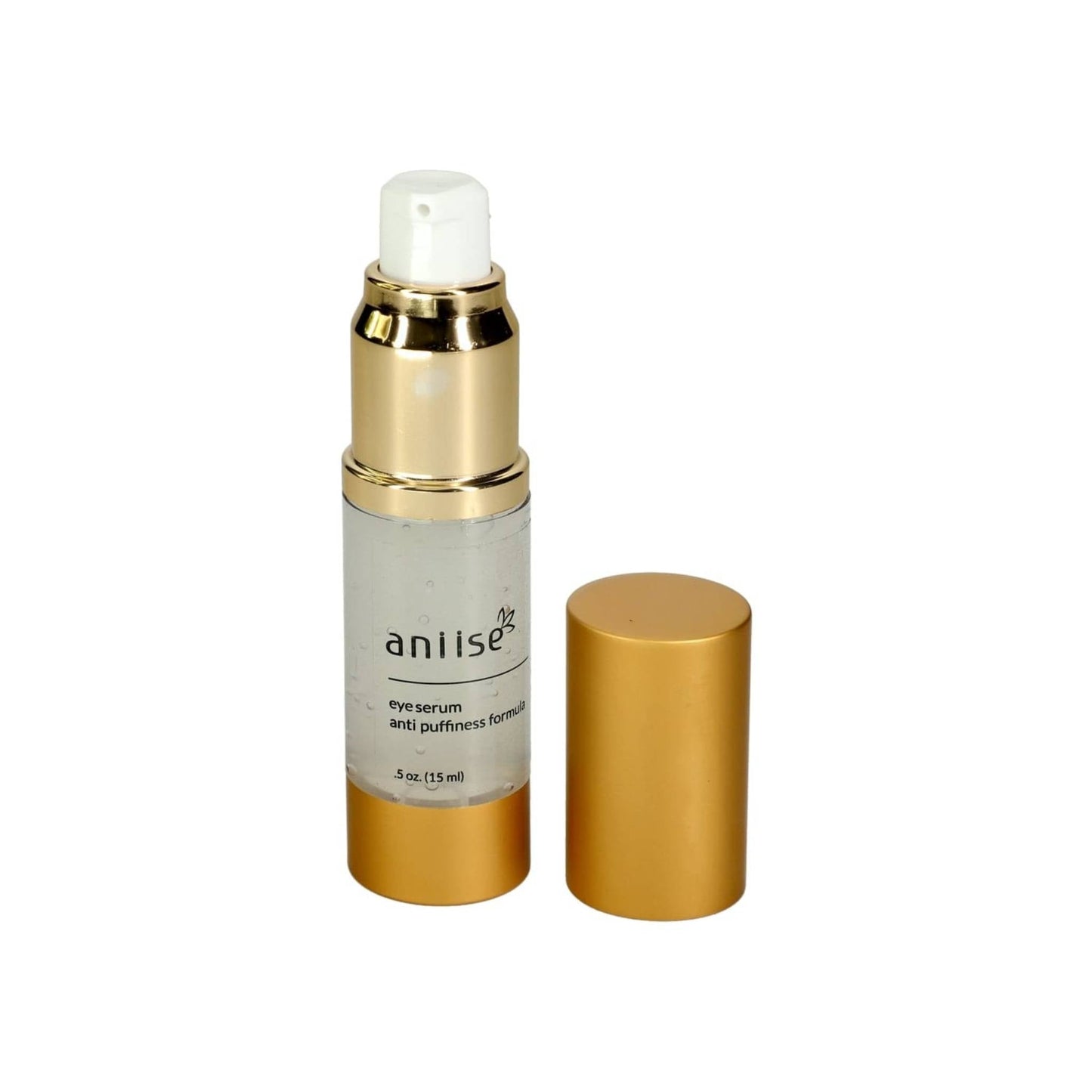 Anti-puffiness eye serum with gold and cream cylindrical bottle and matching cap dispenser