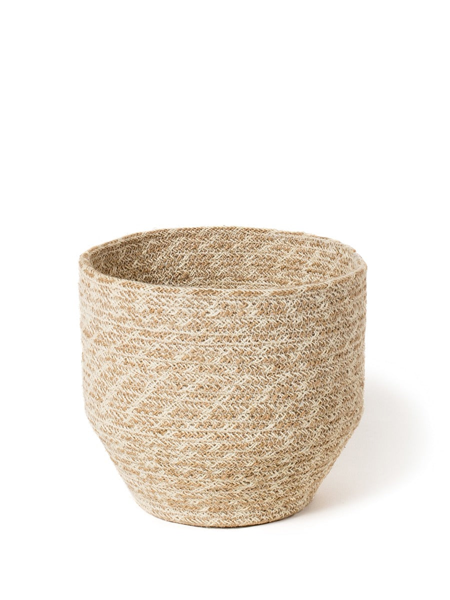Natural jute woven storage bin with textured cylindrical design for home organization