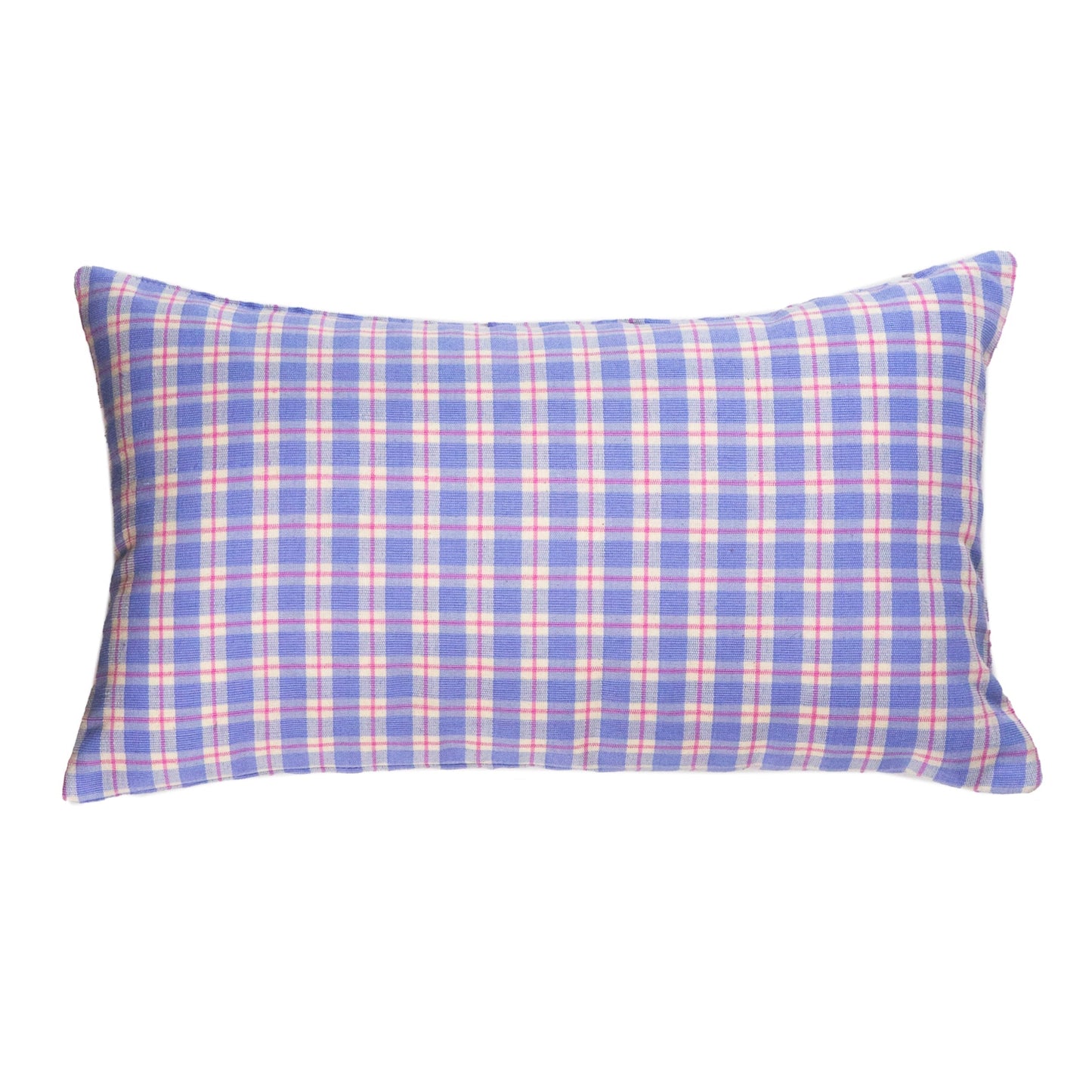 Blue and pink plaid rectangle pillow with woven cotton texture and gingham check pattern