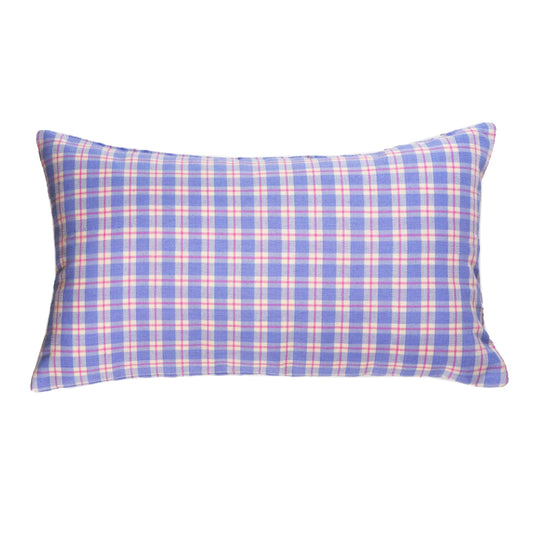 Blue and pink plaid rectangle pillow with woven cotton texture and gingham check pattern