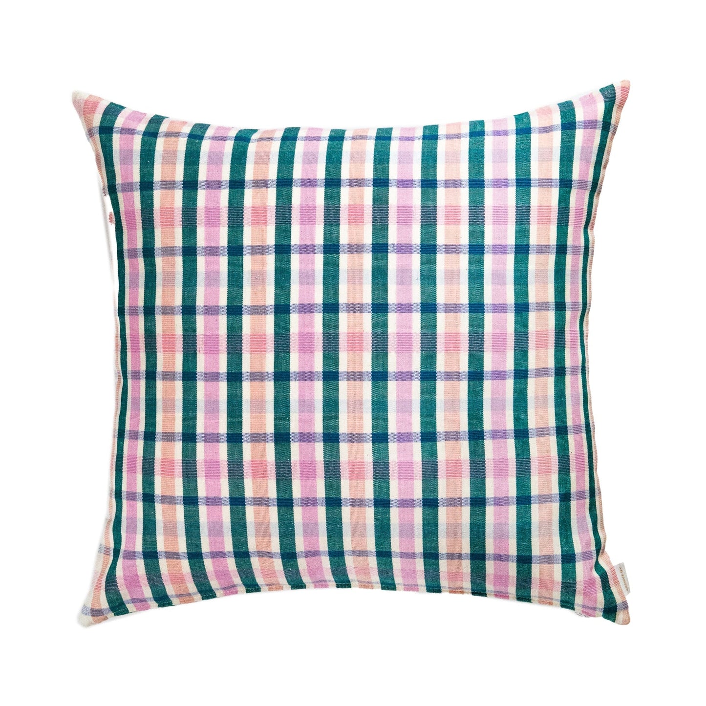 Plaid throw pillow with teal, pink, purple, and cream woven check pattern in linen blend fabric
