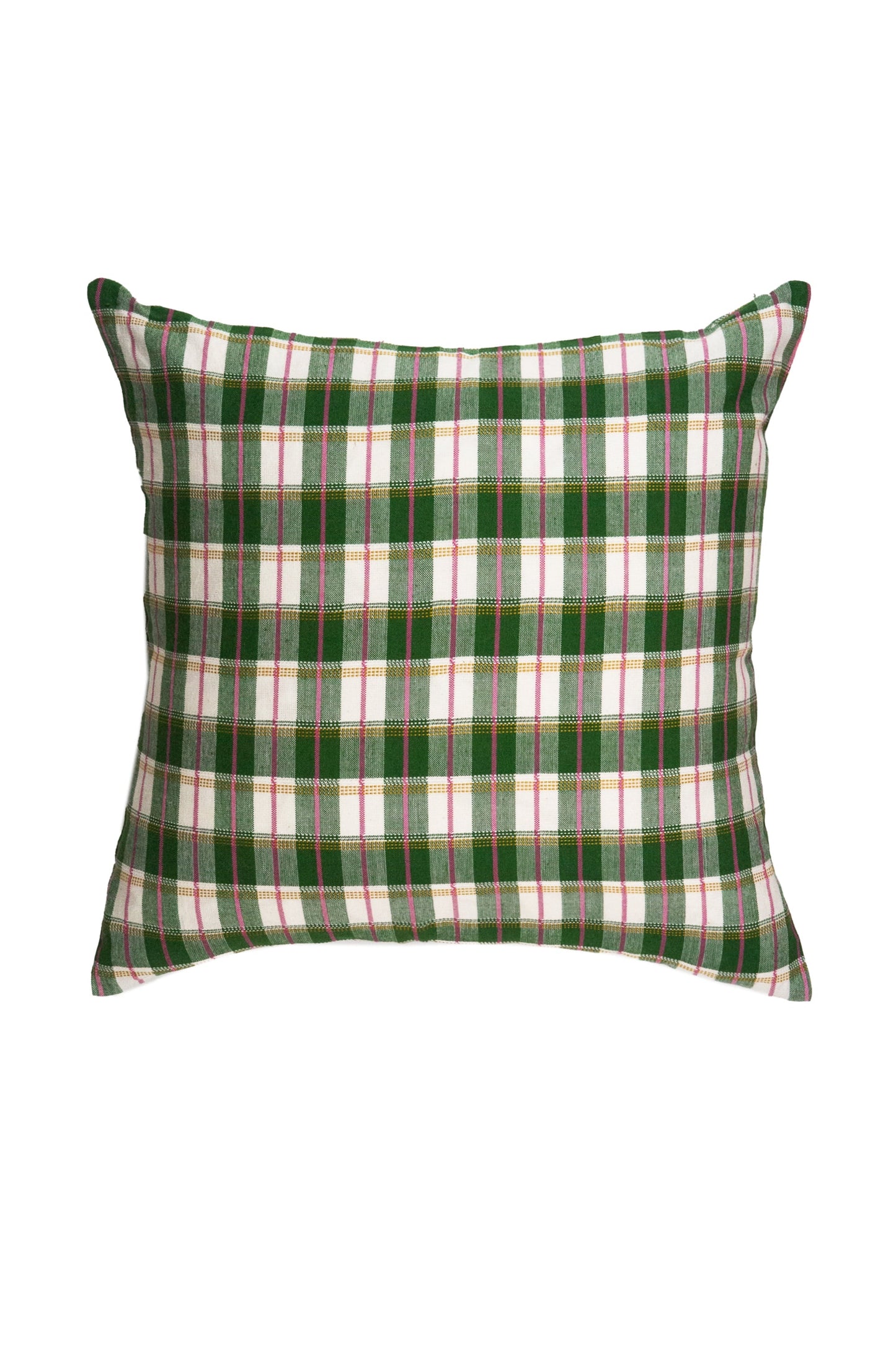 Green gingham plaid pillow with white and pink stripes, woven linen blend fabric with classic tartan pattern