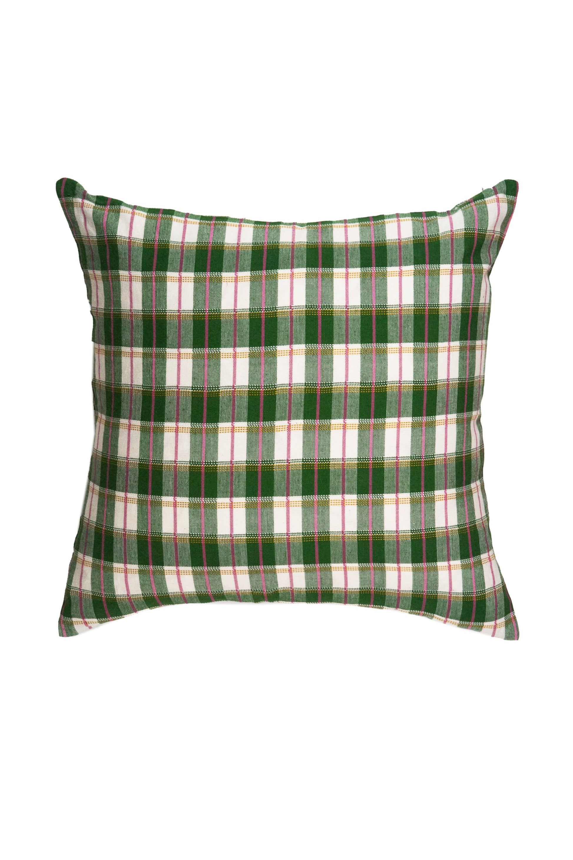 Green gingham plaid pillow with white and pink stripes, woven linen blend fabric with classic tartan pattern