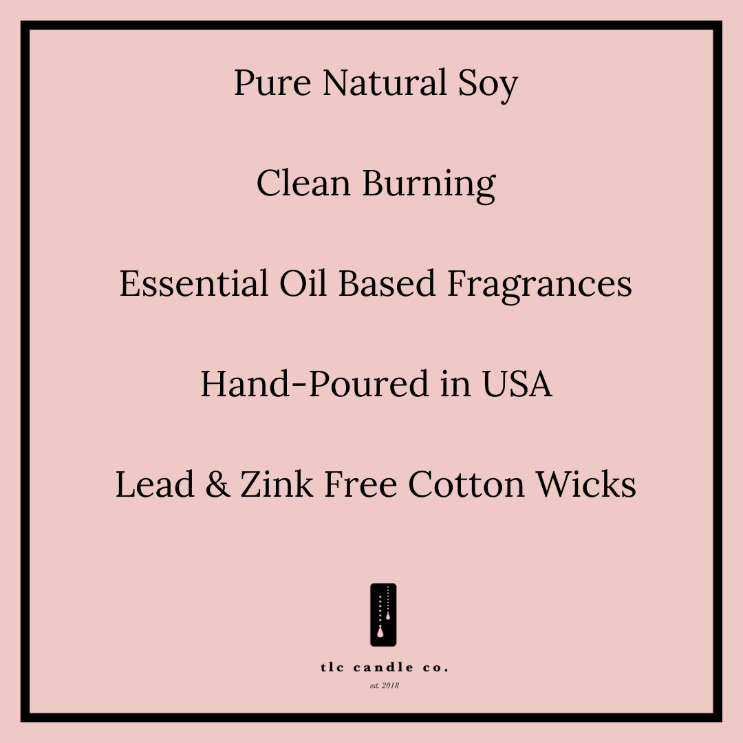 Blush pink soy candle product label featuring black text and border, essential oil-based fragrance, cotton wick