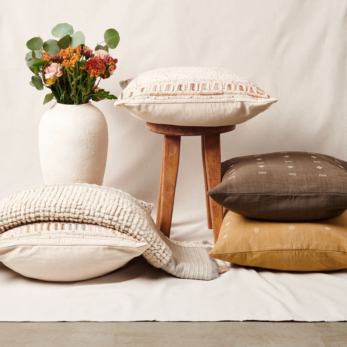 Dahli Coral Hand Woven Hand Embroidered Multicolor White Artisanal Pillow