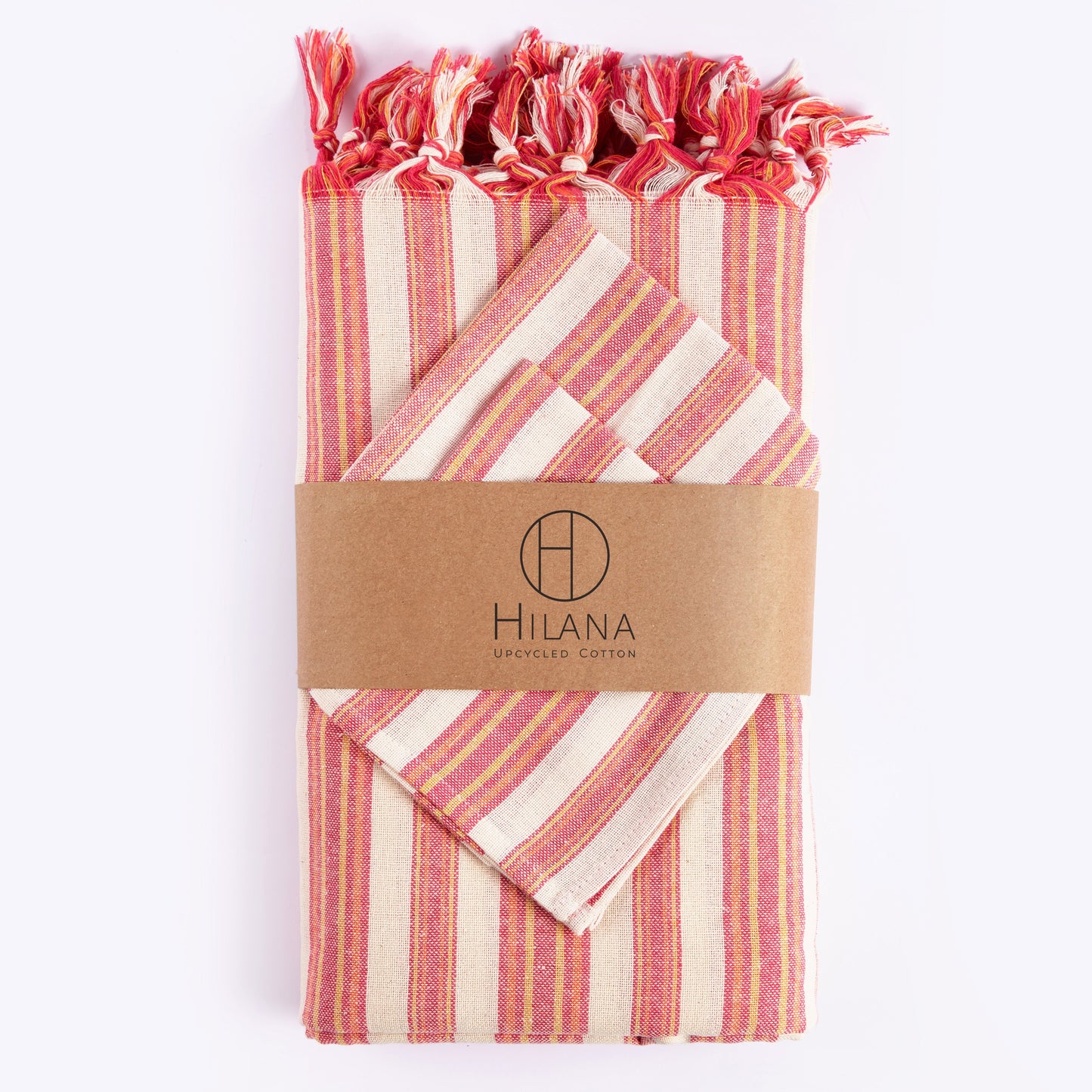 Pink and cream striped cotton tablecloth set with fringe trim and matching napkin, organic textile