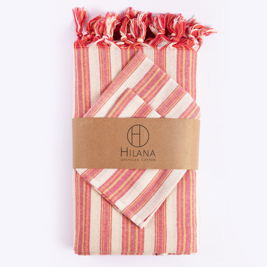 Pink and cream striped cotton tablecloth set with fringe trim and matching napkin, organic textile