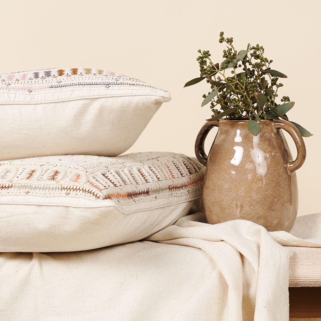 Dahli Coral Hand Woven Hand Embroidered Multicolor White Artisanal Pillow