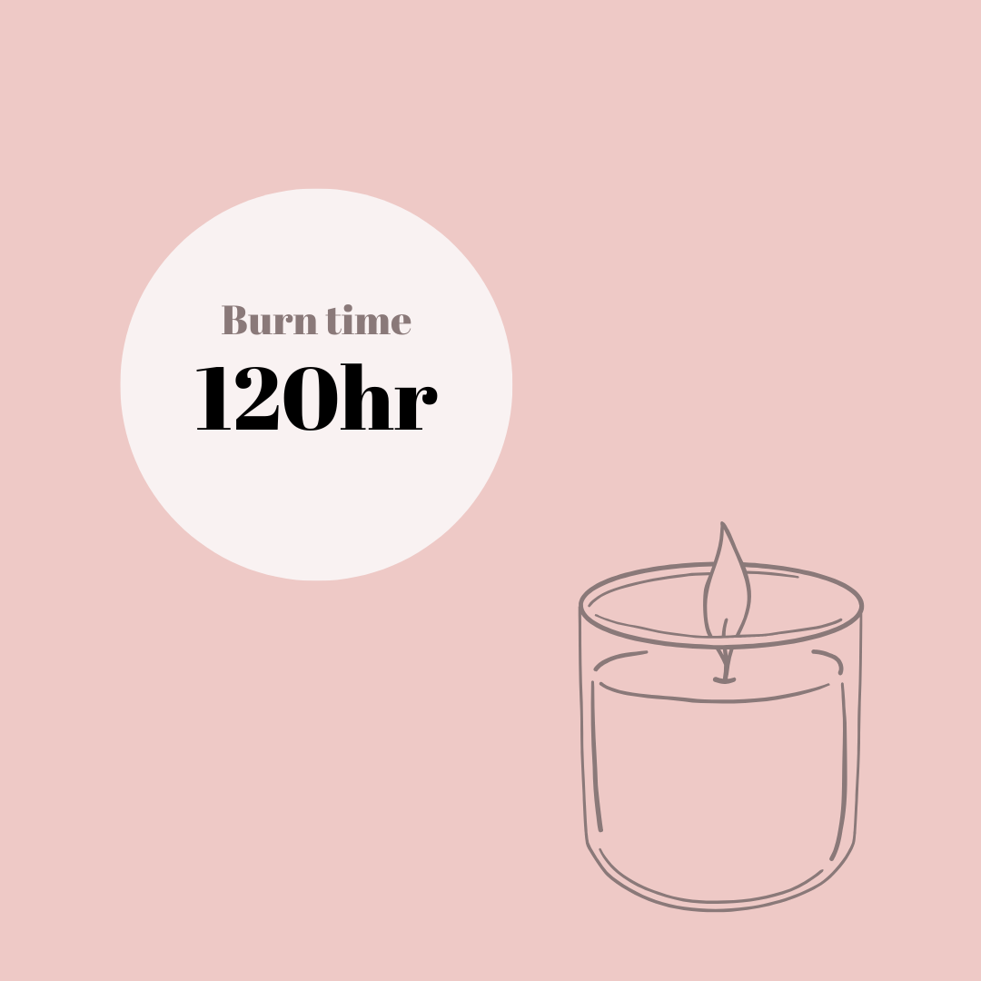 Long-burning soy candle with 120-hour burn time in white dough bowl with lit wick against pink background
