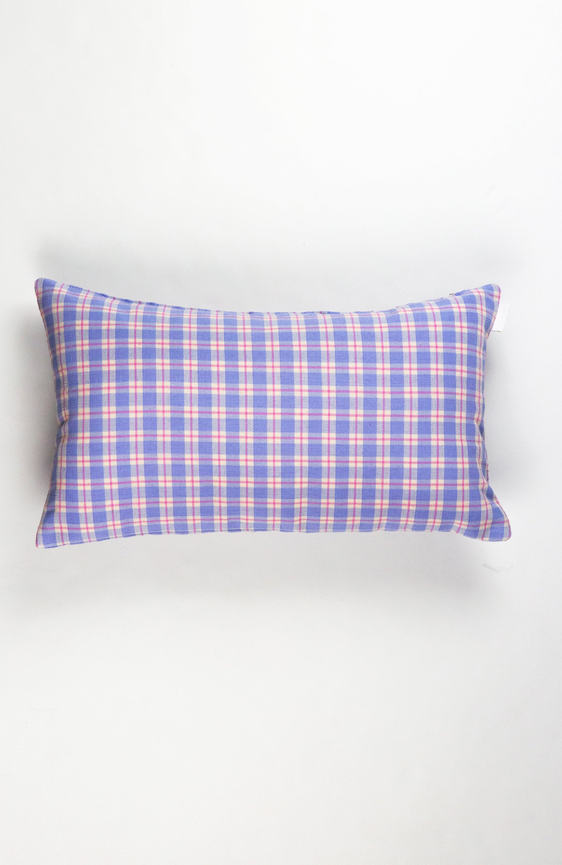 Blue and pink plaid rectangle throw pillow with woven cotton texture and classic checkered pattern