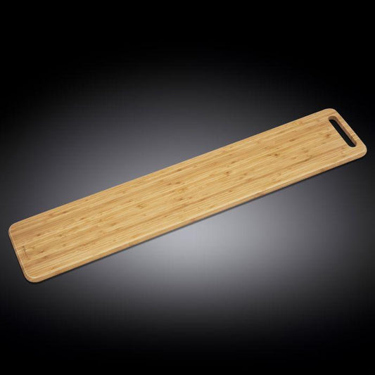 Bamboo charcuterie board with natural wood grain finish and rounded handle cutout, long rectangular serving platter design