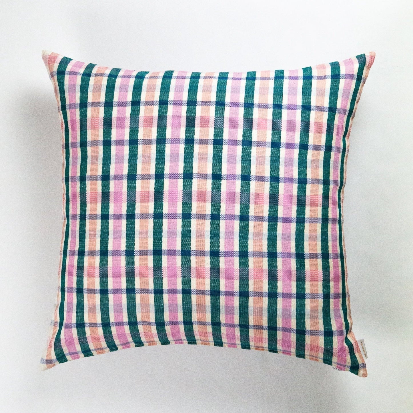 Woven square pillow with teal, pink, purple and cream plaid pattern in sustainable linen blend fabric