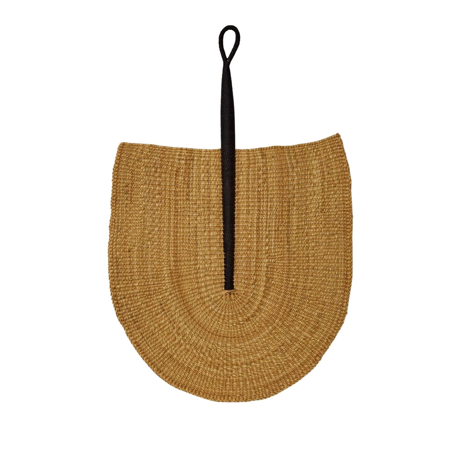 Woven seagrass fan with black handle, natural tan color, handcrafted home décor accessory