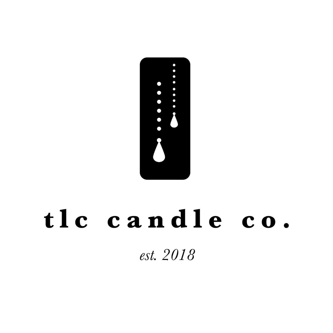 Black rounded rectangle candle with white teardrop design and dotted pattern, 5-wick soy candle