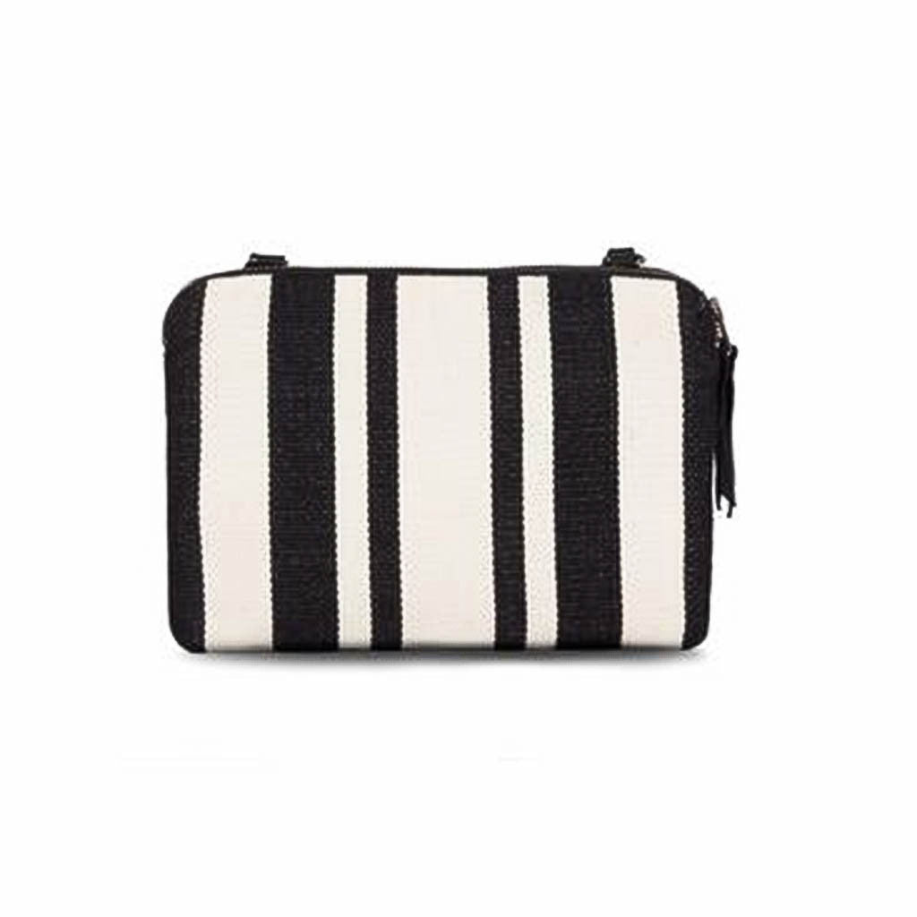 Striped crossbody bag in black and cream woven material with vertical stripes and dual handles