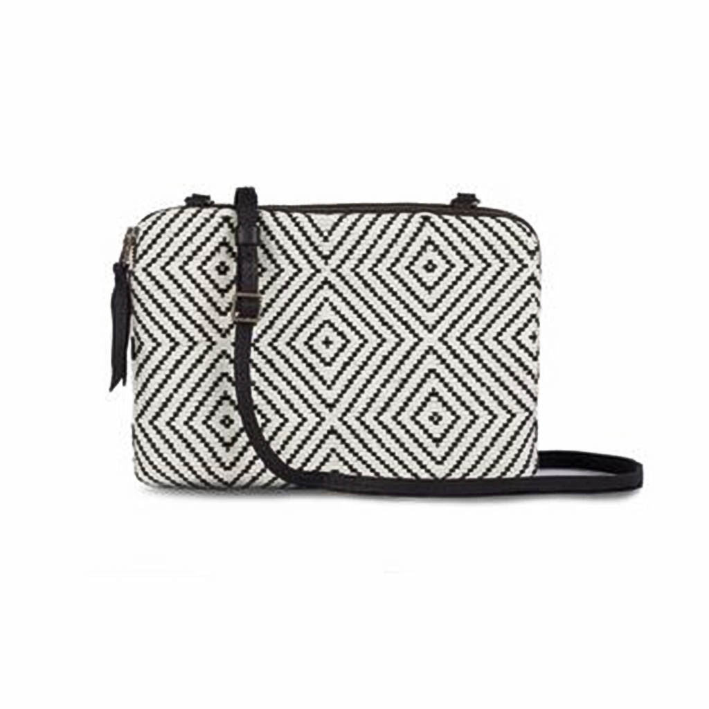 Geometric patterned crossbody bag with black and white diamond weave textile and adjustable black strap