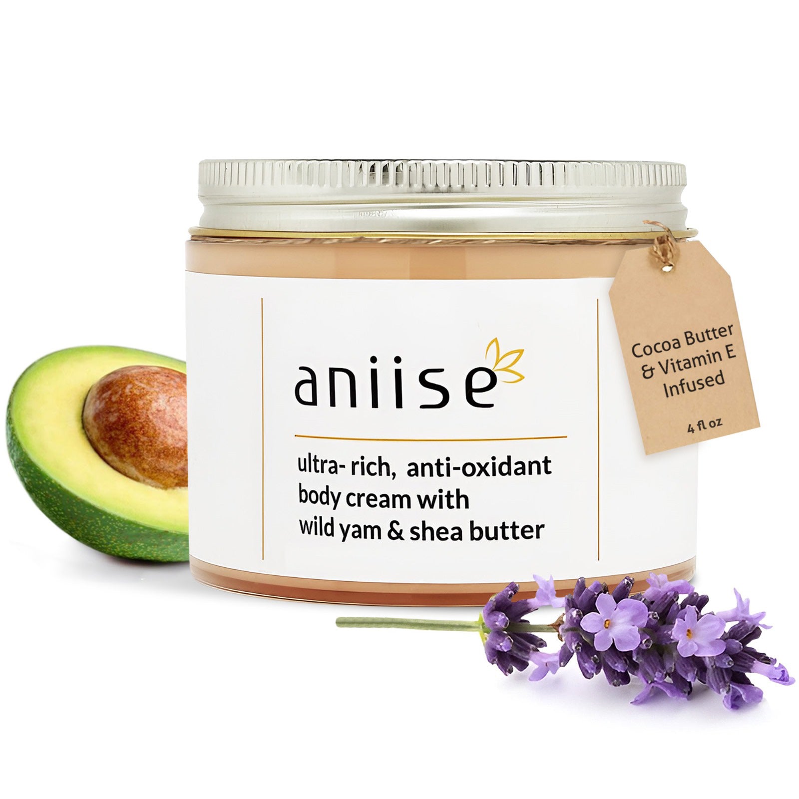 Ultra-rich body cream jar with cocoa butter, wild yam, shea butter, lavender, and avocado ingredients