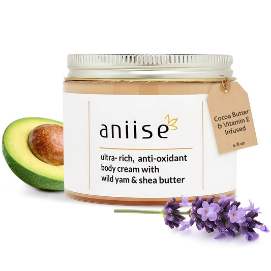 Ultra-rich body cream jar with cocoa butter, wild yam, shea butter, lavender, and avocado ingredients