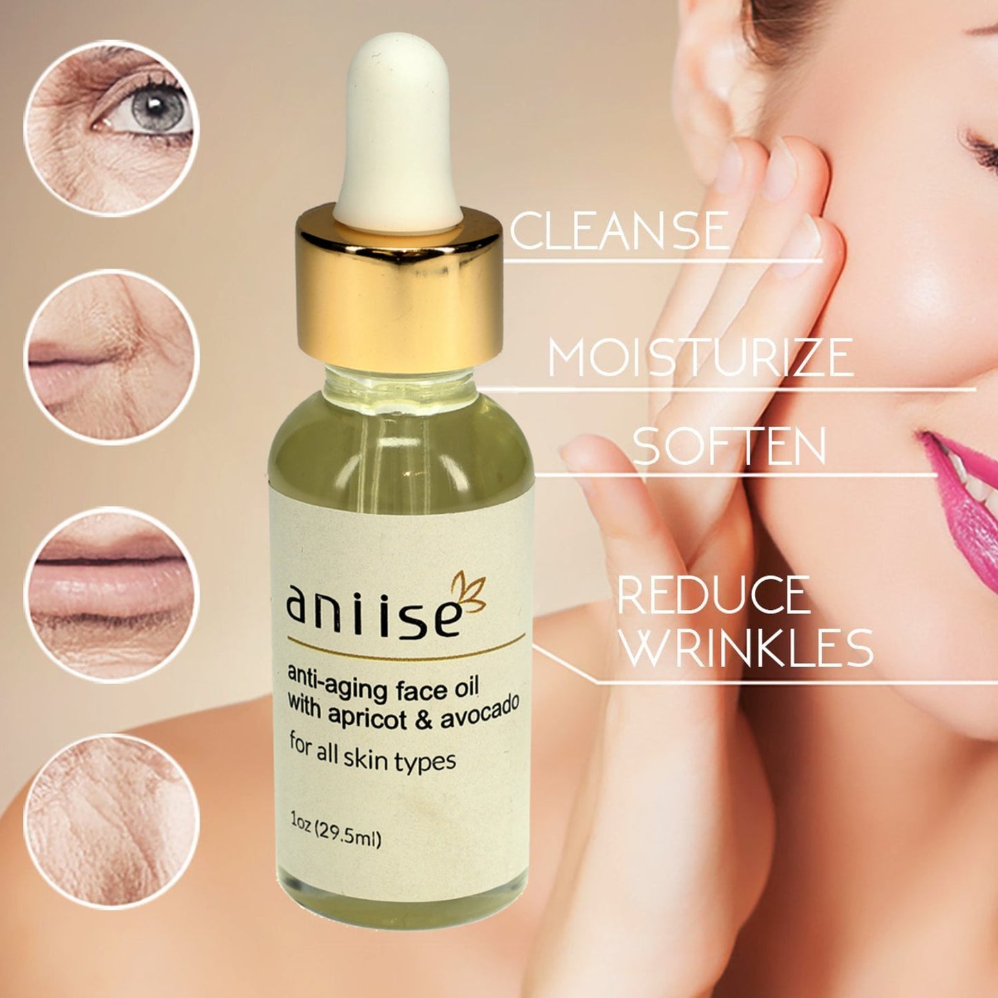 Anti-aging face oil with apricot and avocado, green liquid in glass dropper bottle with gold cap