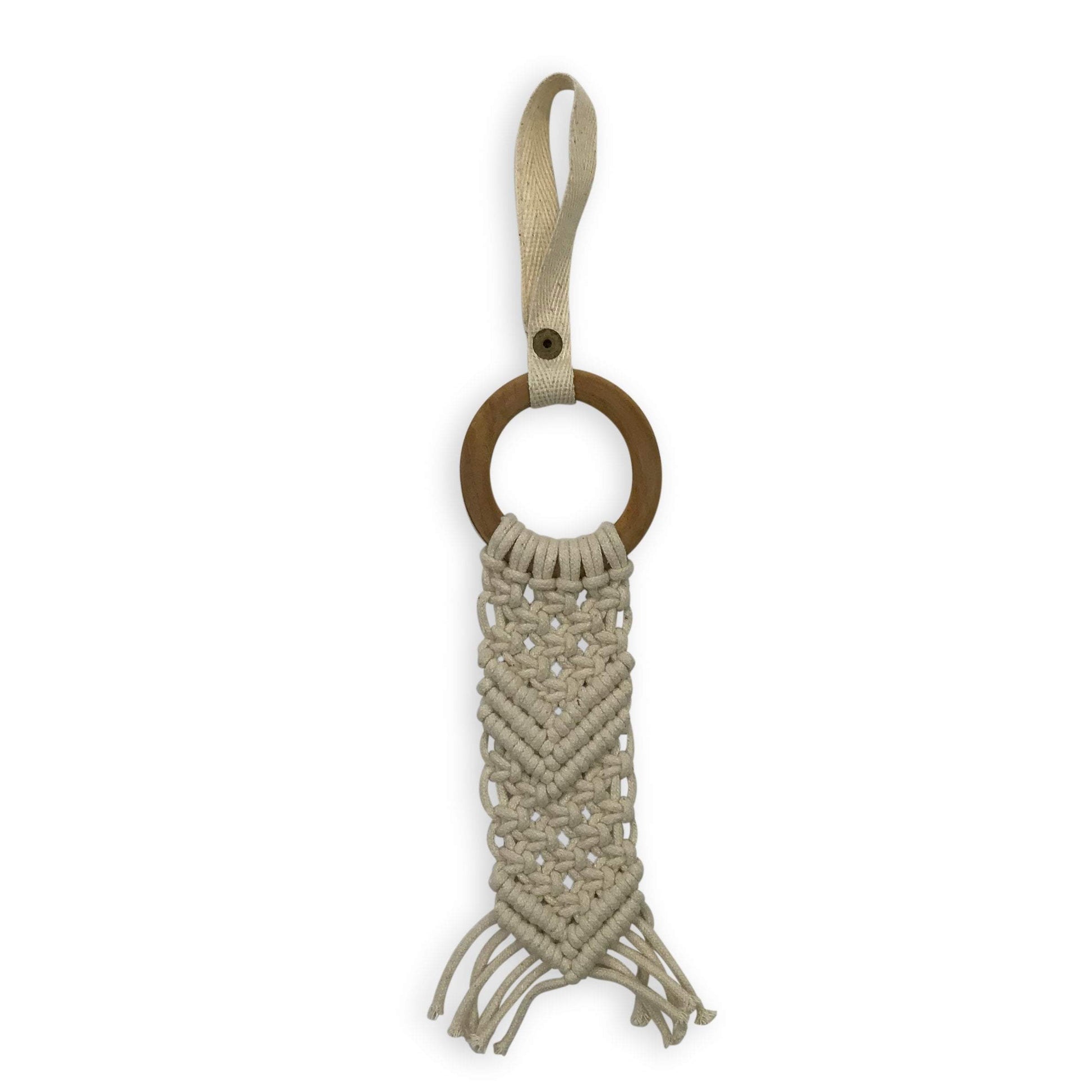 Macrame pet toy with wooden ring and natural cotton knotted body with fringe detail