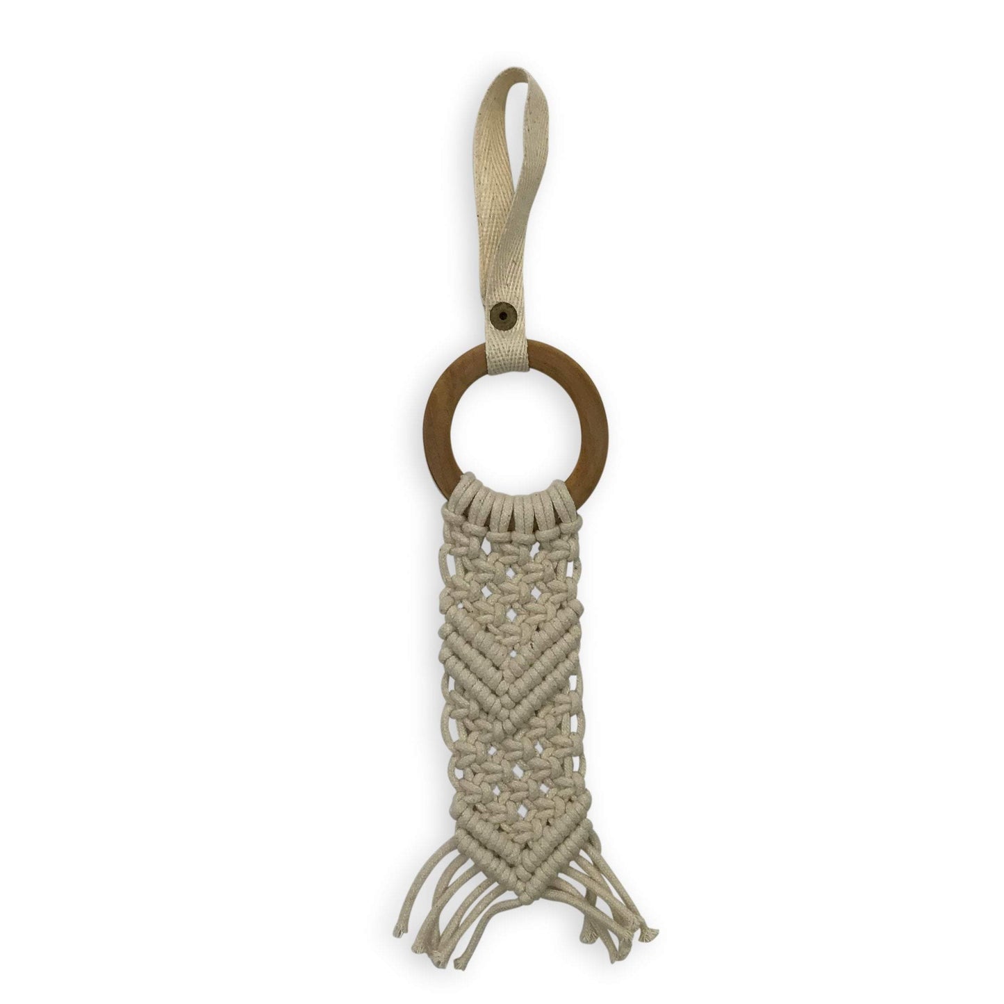 Macrame chevron toy with wooden ring, natural cotton rope, and tassel fringe details