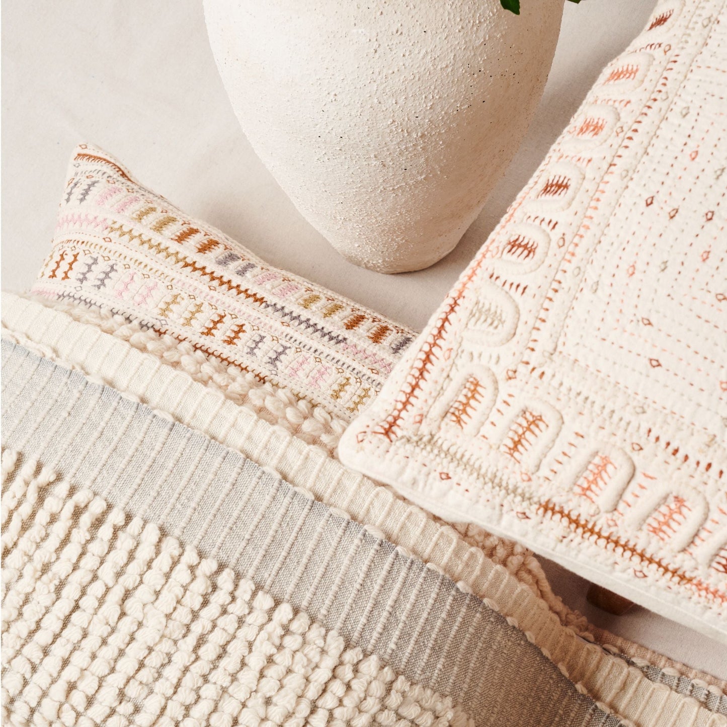 Dahli Coral Hand Woven Hand Embroidered Multicolor White Artisanal Pillow