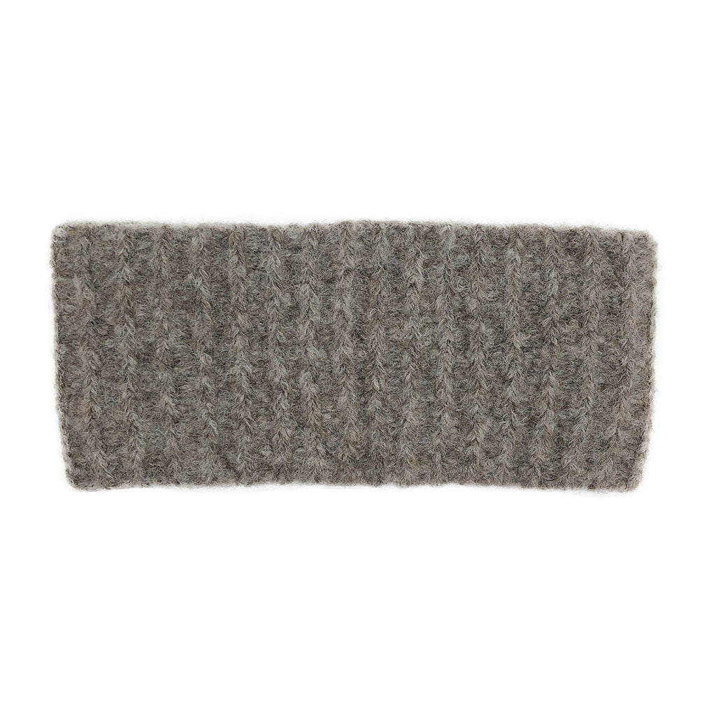 Gray ribbed alpaca ear warmer with cozy knit texture and cable-knit pattern detail