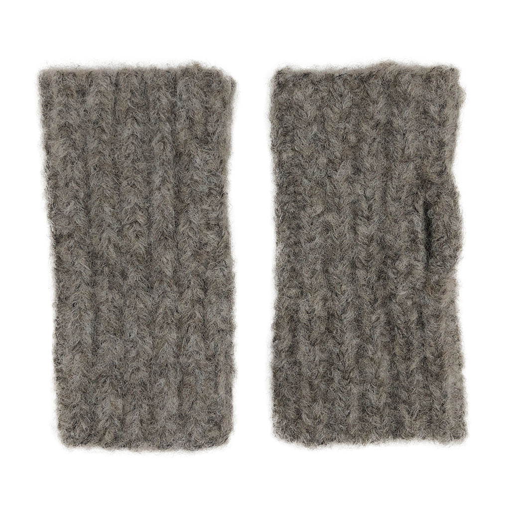 Pair of grey alpaca fingerless gloves with ribbed knit texture and fuzzy surface detail