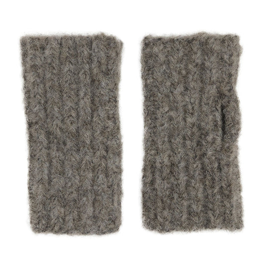 Pair of grey alpaca fingerless gloves with ribbed knit texture and fuzzy surface detail