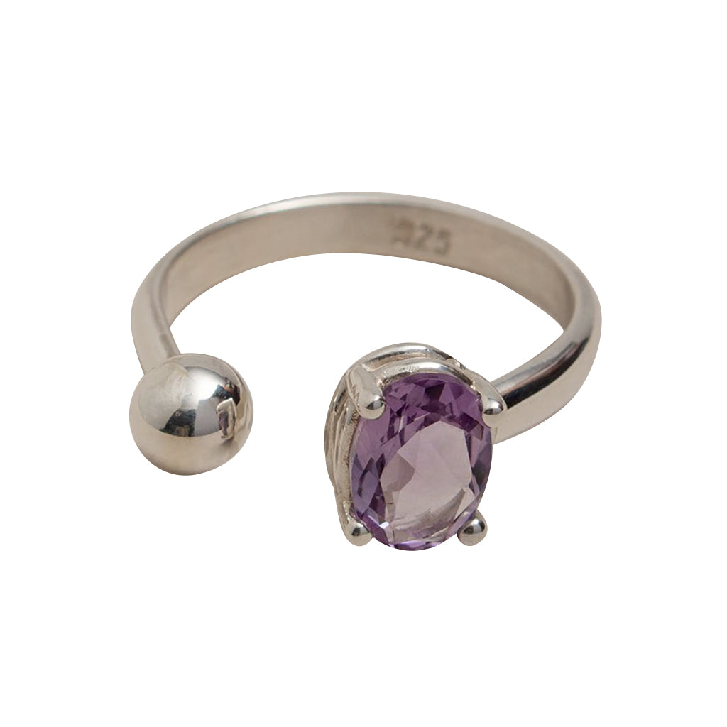 Sterling silver ring with purple amethyst gemstone and polished ball detail, adjustable cocktail design