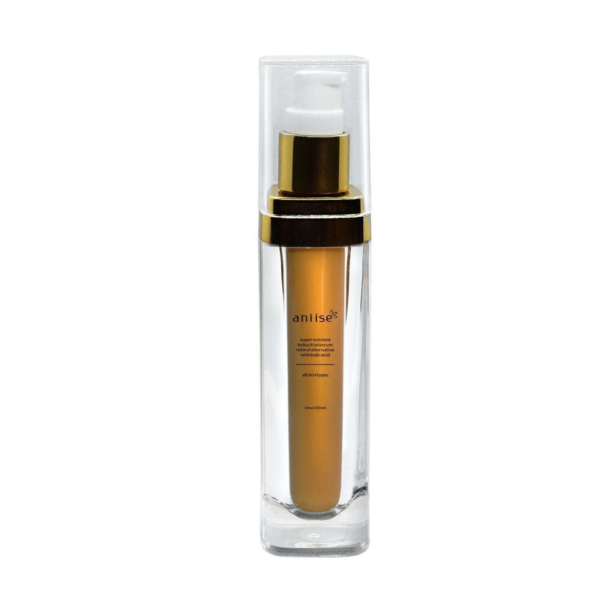 Golden bakuchiol serum in clear pump bottle with black and gold accents, retinol alternative skincare product