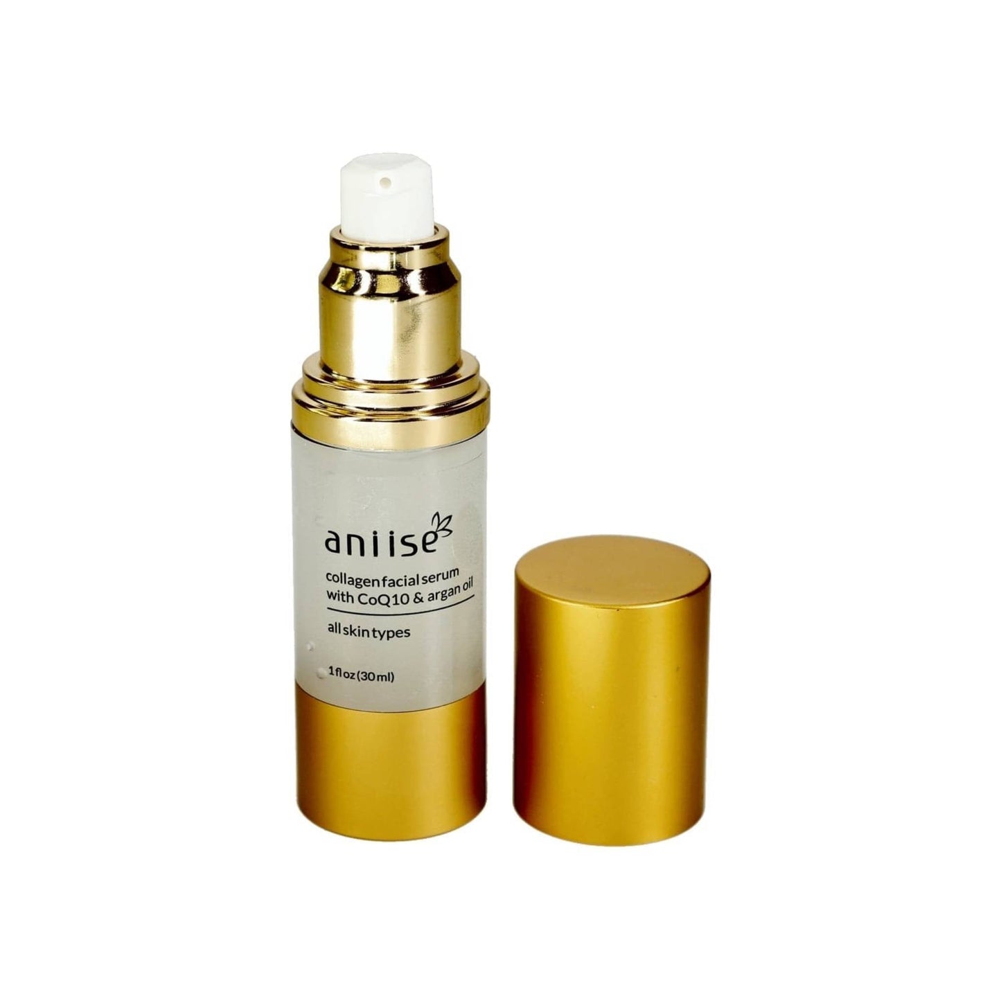 Collagen facial serum with gold pump dispenser and matching cylinder cap on cream label