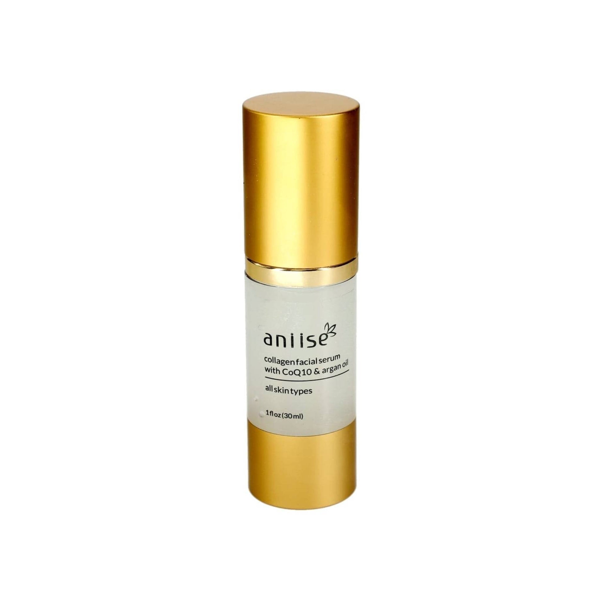 Collagen facial serum with CoQ10 and argan oil in gold cylindrical bottle with cream-colored label