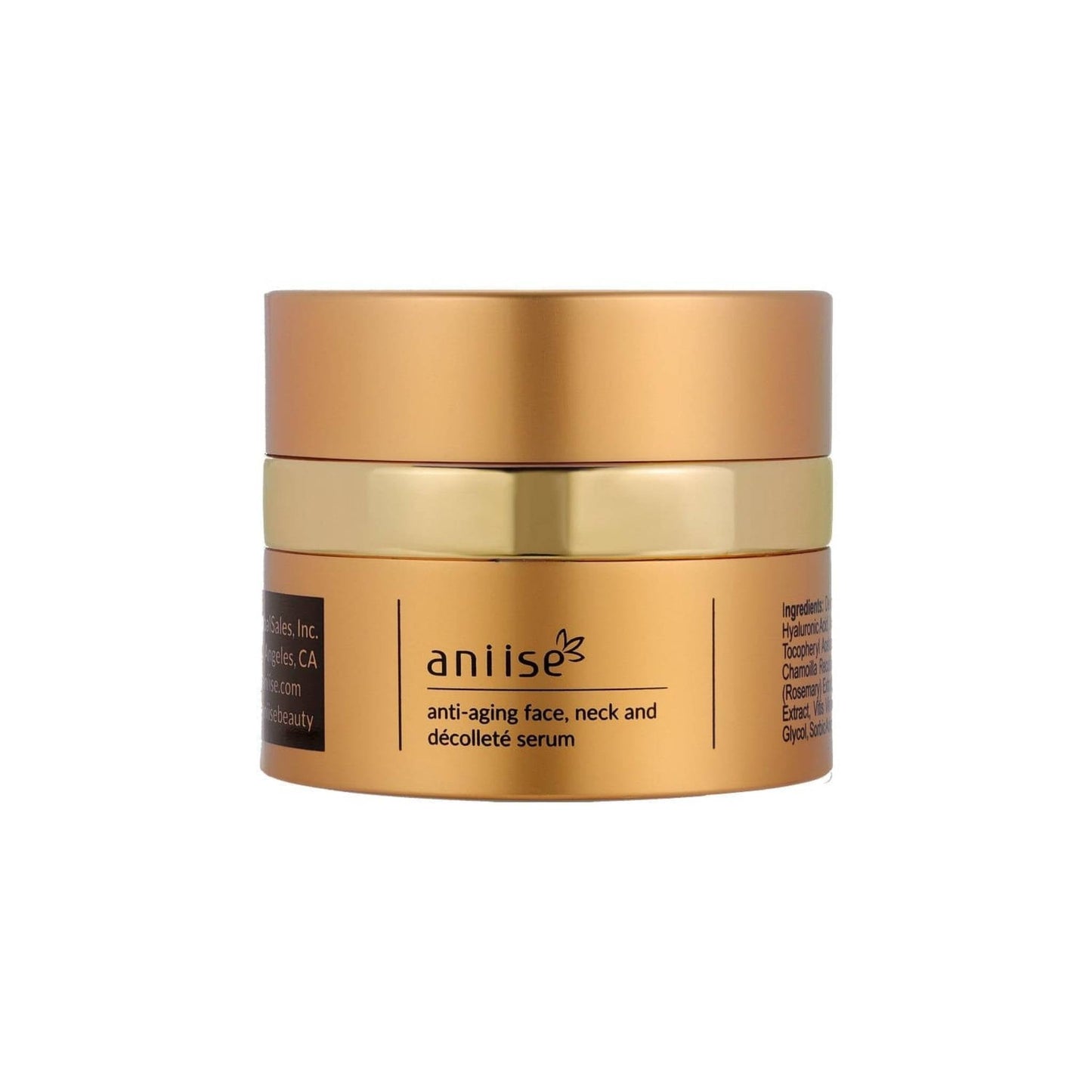 Gold cylindrical skincare jar with tiered metallic bands, anti-aging face and neck serum in luxe packaging