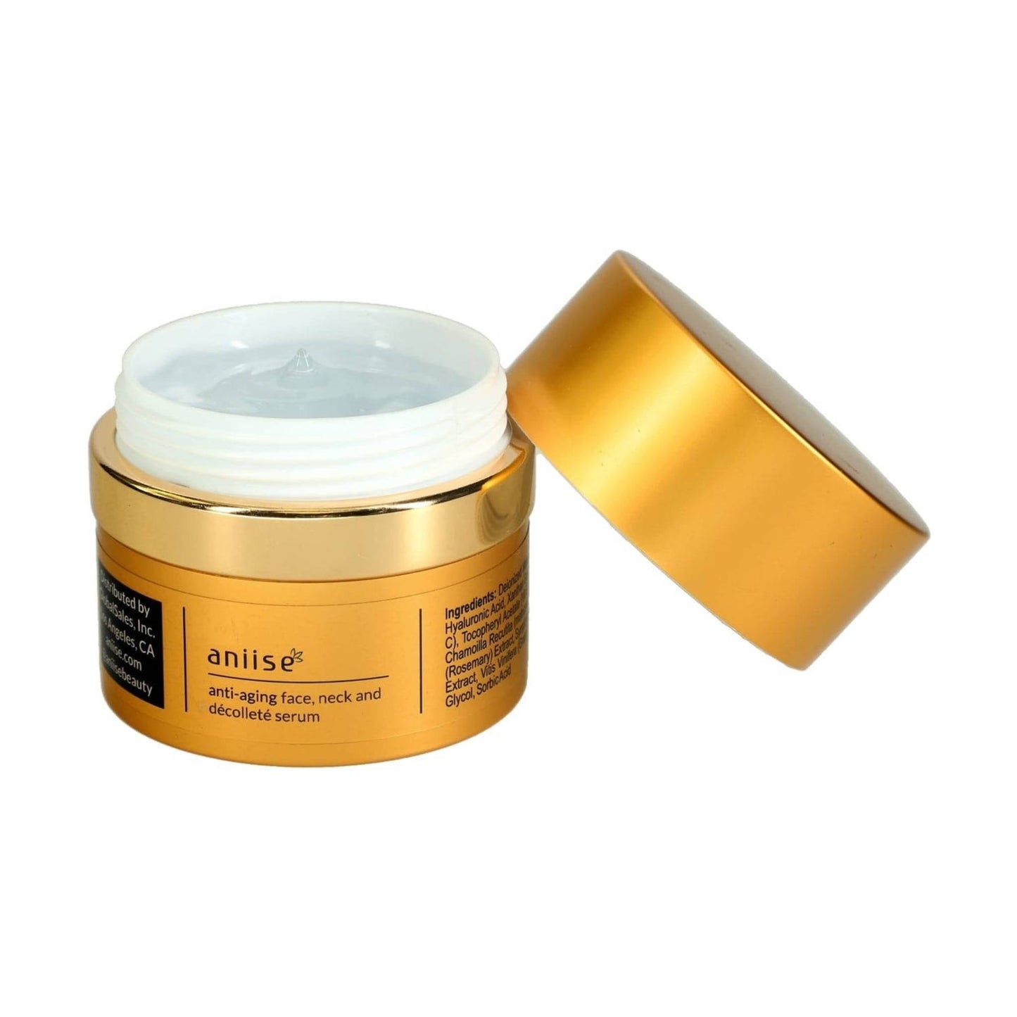 Anti-aging face, neck and décolleté serum in gold jar with white cream texture and matching lid