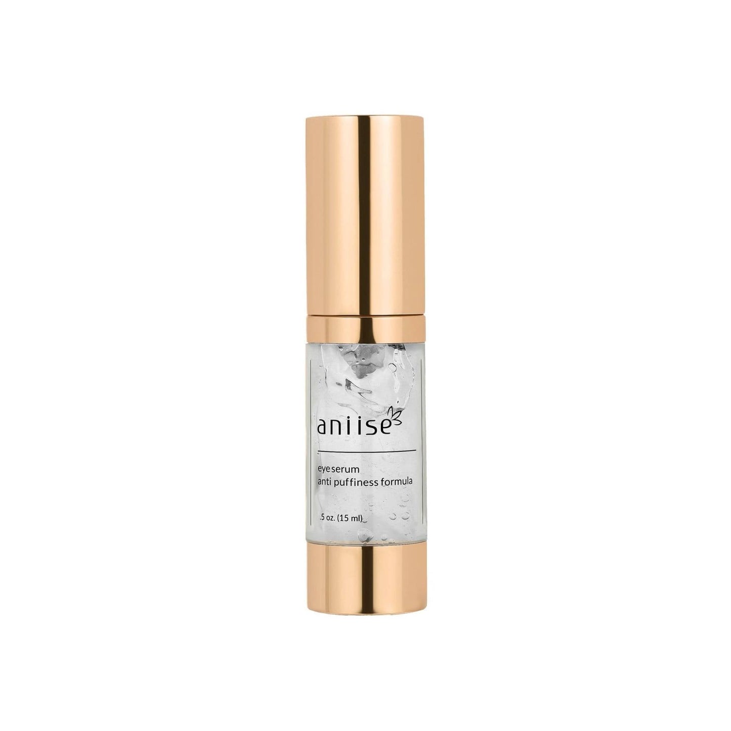Lightweight eye serum with anti-puffiness formula in clear gel texture with gold cylindrical pump bottle packaging