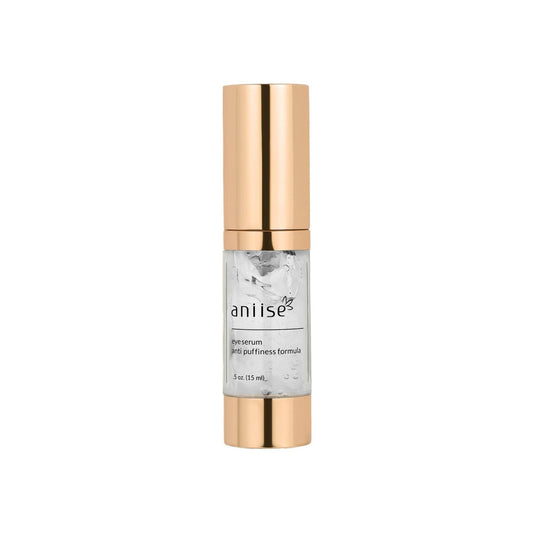 Lightweight eye serum with anti-puffiness formula in clear gel texture with gold cylindrical pump bottle packaging