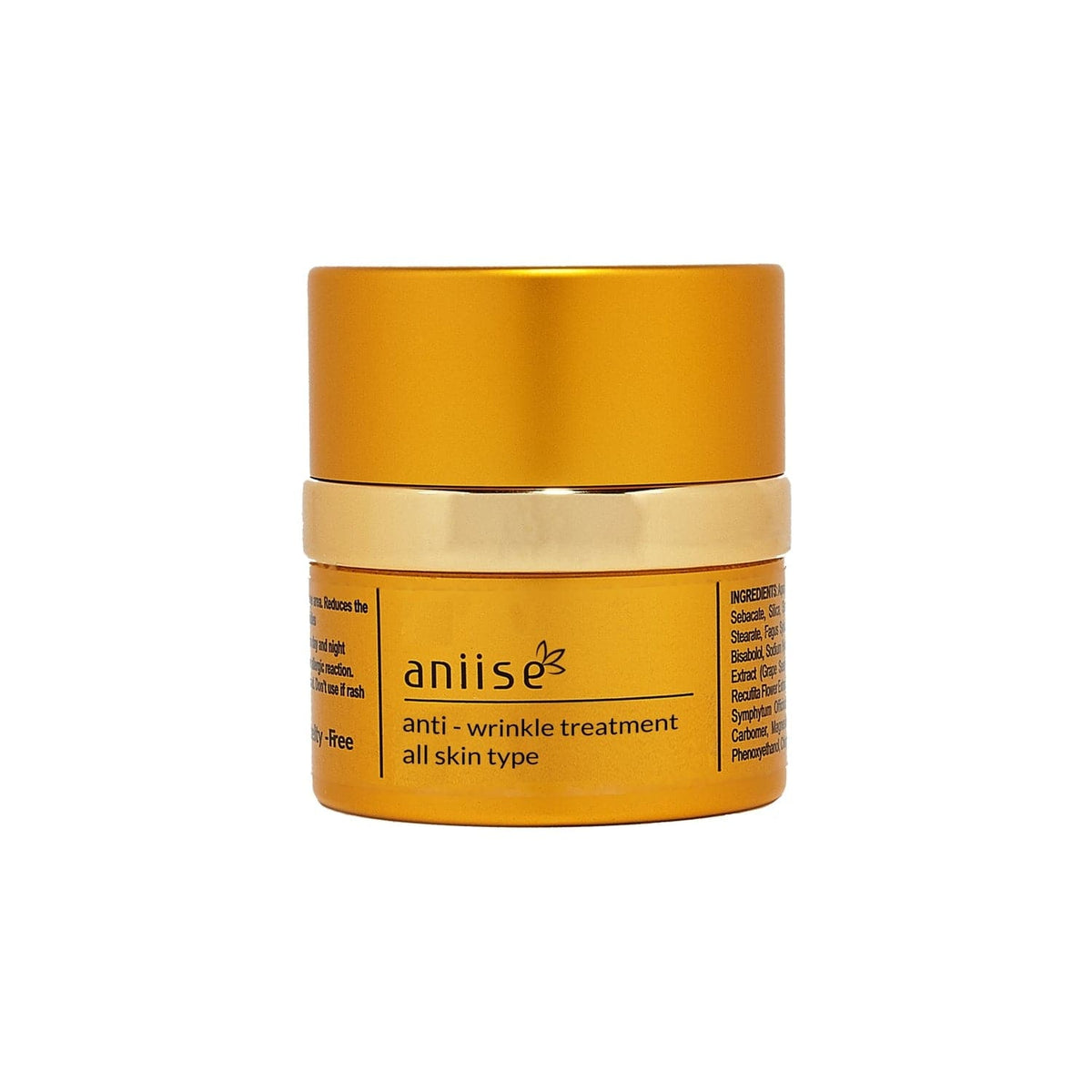 Golden anti-wrinkle facial cream jar with beige band label, all skin type treatment