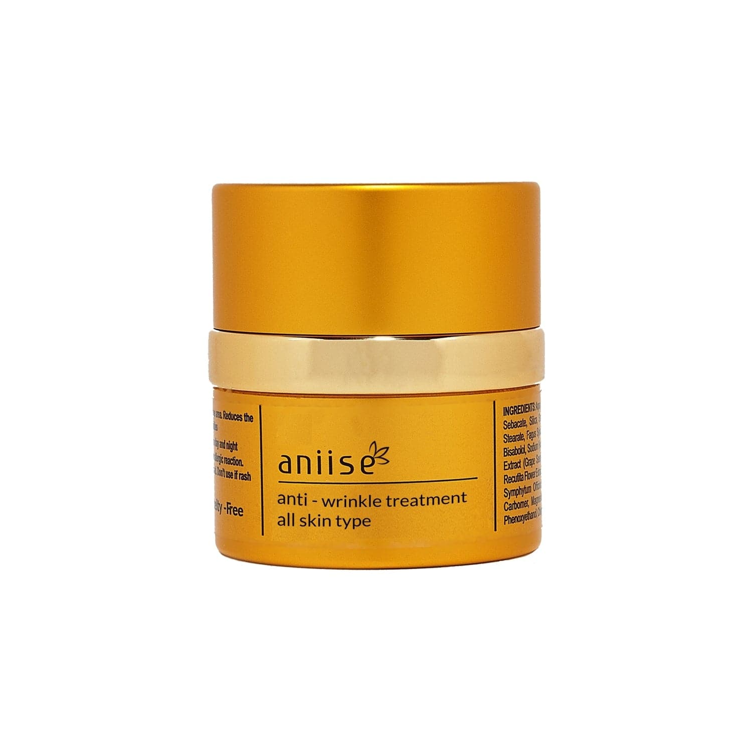 Golden anti-wrinkle facial cream jar with beige band label, all skin type treatment