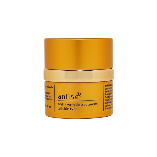 Golden anti-wrinkle facial cream jar with beige band label, all skin type treatment