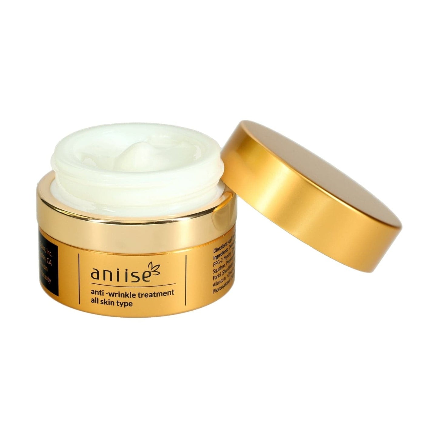 Luxe anti-wrinkle cream with rich white texture in gold jar with matching lid, all-skin-type facial treatment