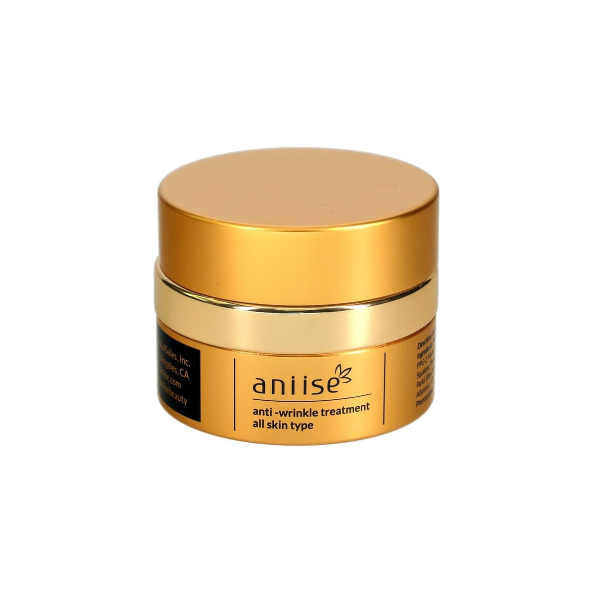 Gold jar anti-wrinkle face cream with metallic lid and natural ingredient label for all skin types