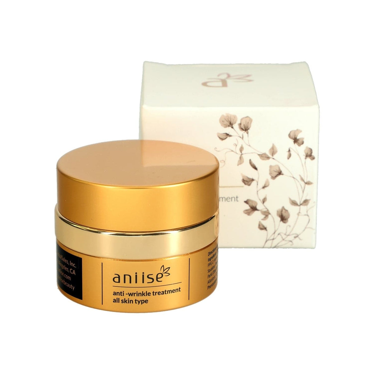 Gold jar anti-wrinkle face cream with botanical box packaging featuring dried flower illustration