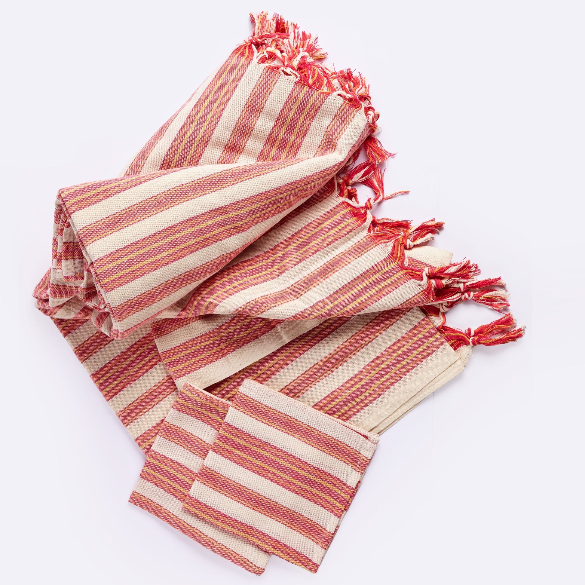 Striped tablecloth set in magenta and cream with fringe edges, woven cotton fabric home textile