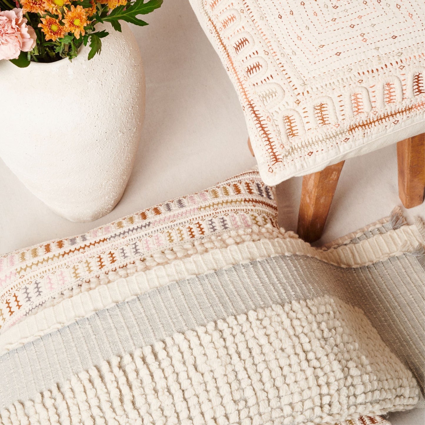Dahli Coral Hand Woven Hand Embroidered Multicolor White Artisanal Pillow