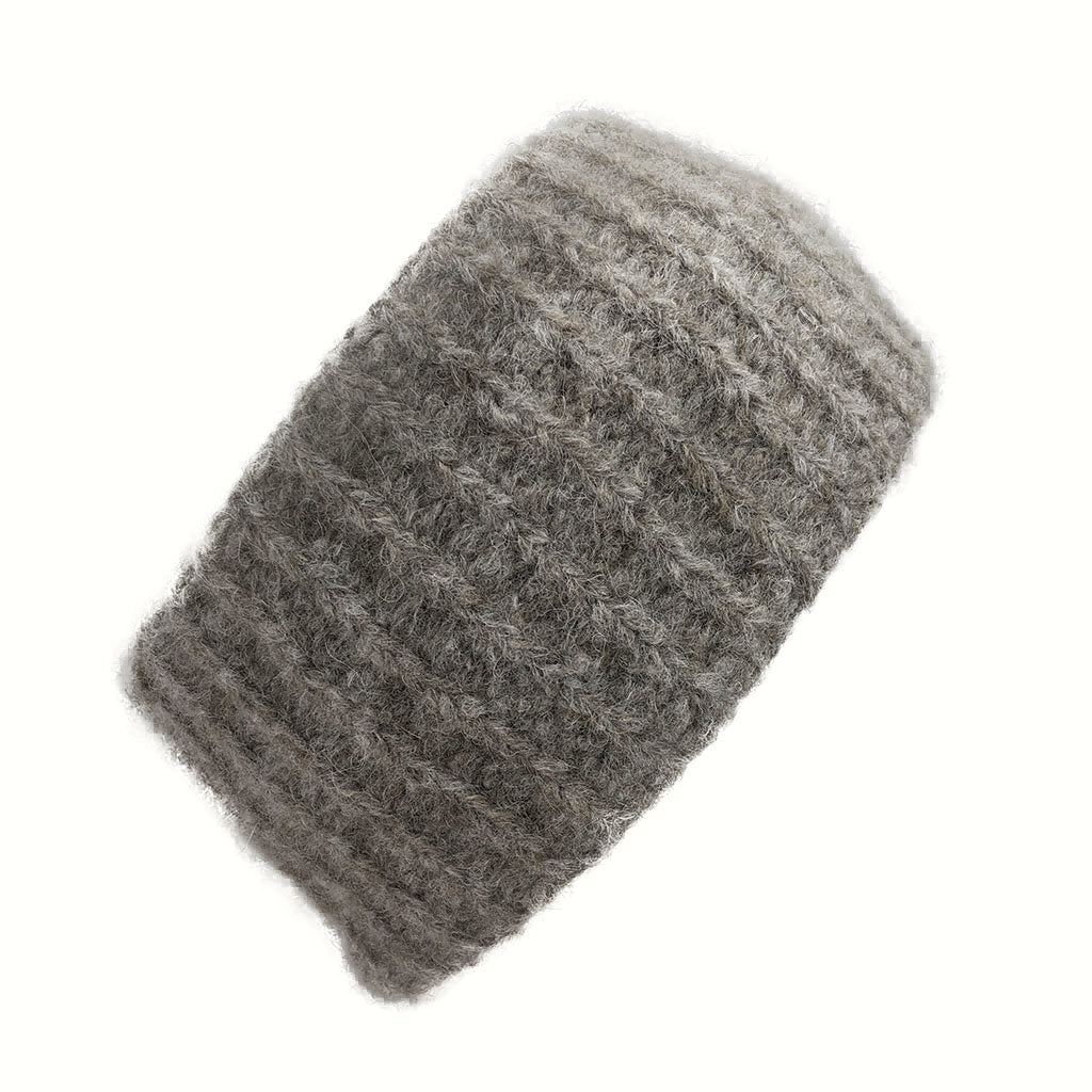 Gray ribbed alpaca ear warmer with cozy knit texture and warm winter style