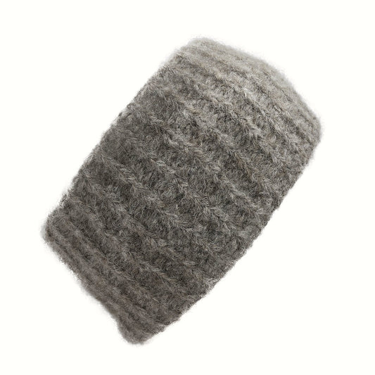 Gray ribbed alpaca ear warmer with cozy knit texture and warm winter style