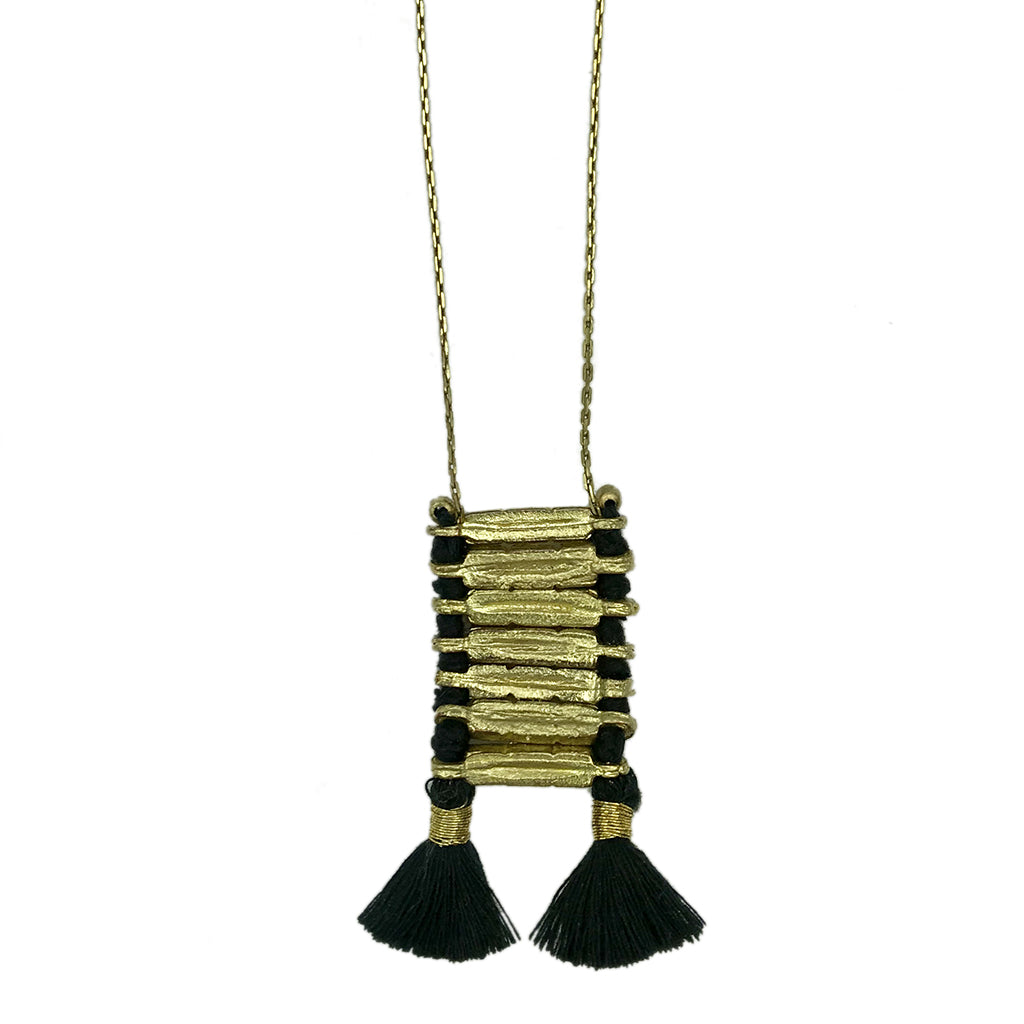 Gold and black woven statement necklace with tassel details and chain strap