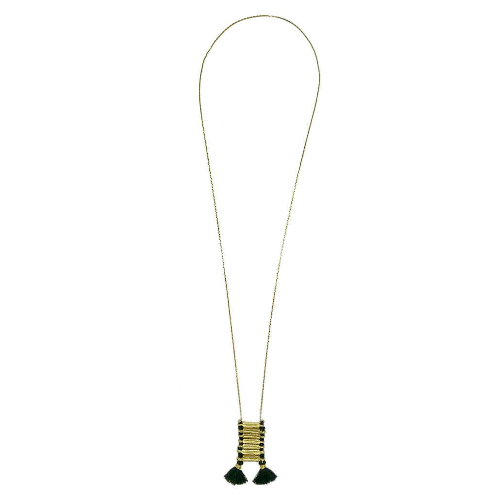Brass chain necklace with woven gold and black geometric pendant and dual black tassel charms