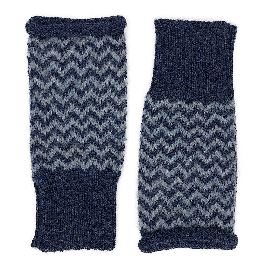 Navy and gray chevron knit alpaca gloves with textured ribbed cuffs and cozy wool blend material